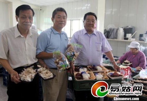 图：彰化“蘑菇王”黄万生展示其公司菇类产品